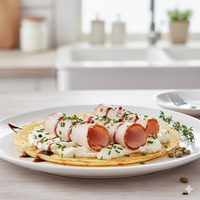 Keçi peynirli krep üzerinde közlenmiş hindi füme rulo