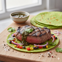 Sebzeli tortilla parçasında ızgara biftek