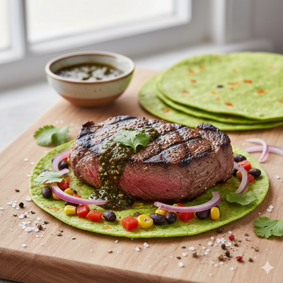 Sebzeli tortilla parçasında ızgara biftek - Resim 1